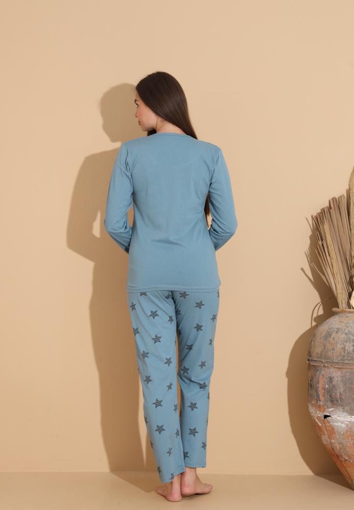 Pijama Dama „Cute” , Pantaloni si Maneca Lunga,Culoare Albstru,Engros